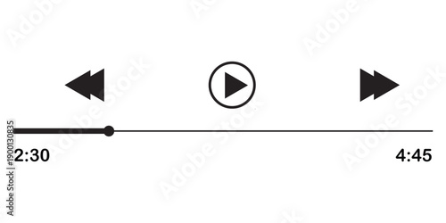Black play pause rewind fast forward on white background with time display media player