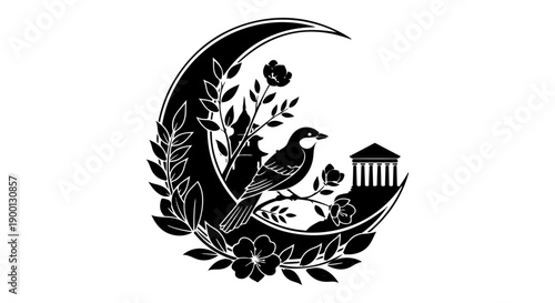 A black and white crescent moon design featuring a bird flowers and architectural elements