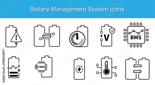 Battery Management System Icons: A comprehensive set of illustrative icons related to battery management systems, featuring visual representations of key concepts such as malfunctions, battery life