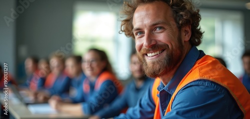 Smiling construction worker in orange safety vest attends class. Diverse group of trainees learn new skills in classroom. Professional development for tradespeople and engineers.