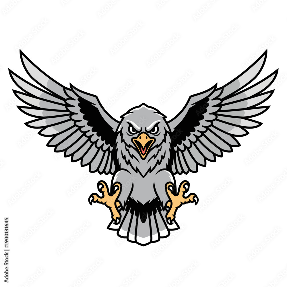 Fototapeta premium Illustration of a fierce gray eagle with outstretched wings and sharp talons from a frontal viewpoint