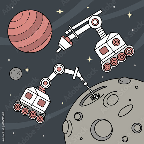 Asteroid mining robotic system with sleek design and planetary background, illustrating futuristic space exploration and resource extraction.
