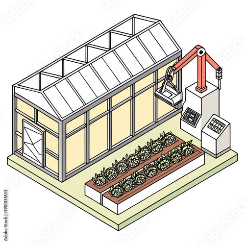 Automated greenhouse AI hub with clean vector design, representing smart agriculture, technology, and sustainable plant growth control.