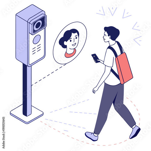 Modern biometric face recognition system vector artwork, featuring abstract facial features and digital analysis for security and identification.