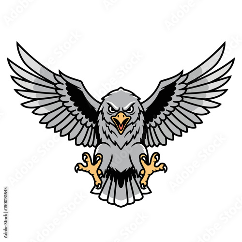 Illustration of a fierce gray eagle with outstretched wings and sharp talons from a frontal viewpoint
