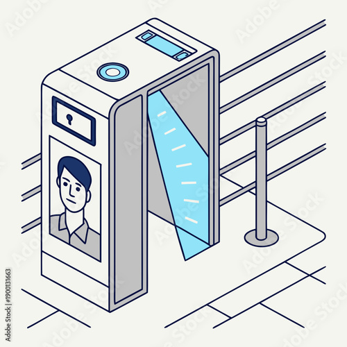 Modern biometric face recognition system vector artwork, featuring abstract facial features and digital analysis for security and identification.