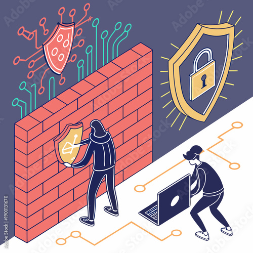 Abstract cyber hacker defense wall with glowing digital lines, representing online security, data protection, and network intrusion prevention.