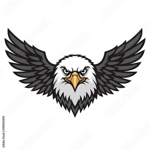 A majestic eagle's head with outstretched wings in a fierce illustration from a front view
