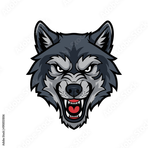 Menacing wolf head illustration with sharp teeth and an open mouth, showcasing aggressive animal behavior in a cartoon style