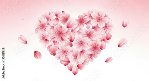 Pink cherry blossom heart shape with petals on soft gradient background