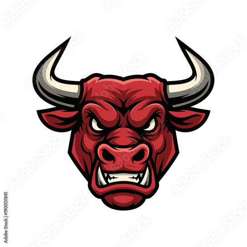 Fierce red bull head illustration with sharp horns and menacing expression