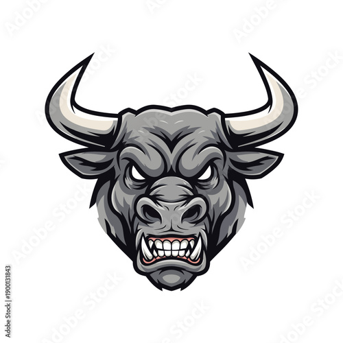A menacing bull's head illustration with sharp horns and aggressive expression