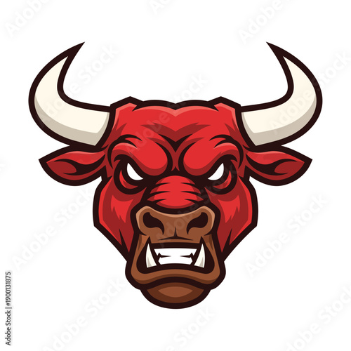 A fierce red bull's head with sharp horns and angry expression, a cartoon illustration of aggression and power