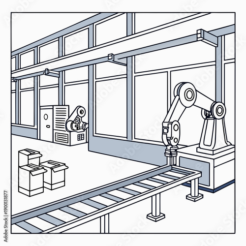 Robotic automation factory line, clean industrial vector illustration symbolizing efficient manufacturing and modern production processes.