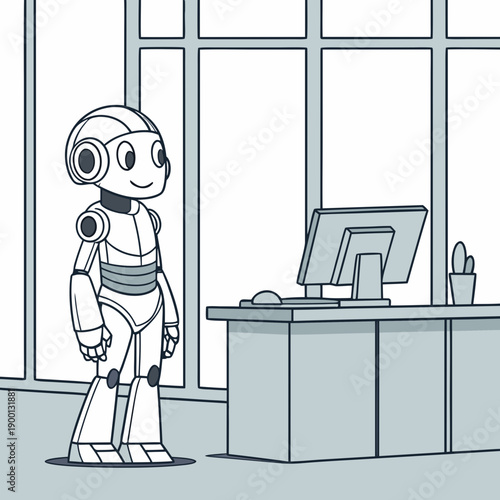 Robotic assistant in a clean, modern office, professional vector art depicting an android helping with daily tasks.