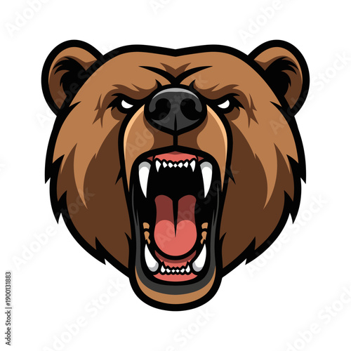 Fierce brown bear head illustration with sharp teeth and aggressive expression