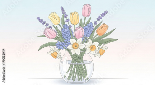 Vibrant spring bouquet in a clear glass vase on white