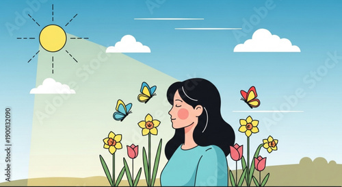 Woman enjoying springtime with flowers and butterflies in a sunny meadow
