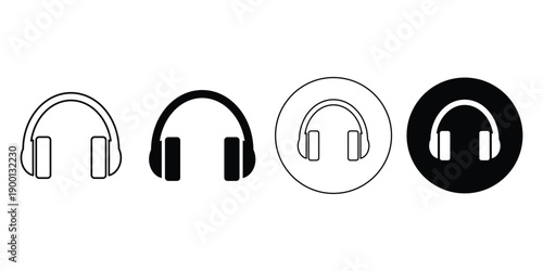 Four headphone in outline solid and circular styles headphones audio music sound