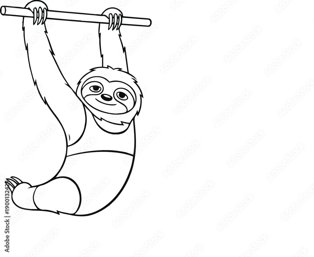 Naklejka premium Cheerful Cartoon Sloth Hanging From A Branch And Smiling
