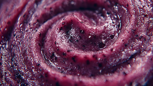 Vibrant purple fruit smoothie with seeds and bubbles