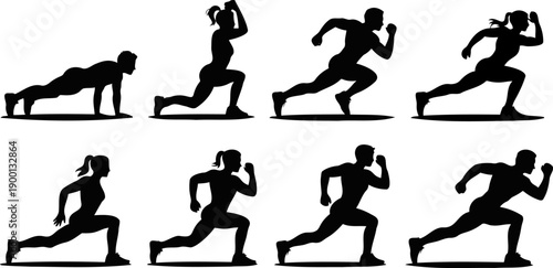 Silhouettes of people exercising and running on white background