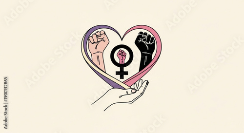 Heart shaped symbol of unity and female empowerment with fists and hand