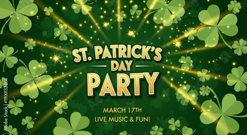 St patrick's day party invitation with shamrocks and gold accents on green background