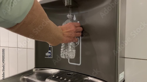 A person fills a plastic water bottle at a water filling station. The location is clean and bright, showing modern features and clear signs.