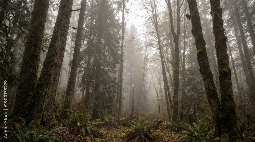 Fototapeta premium A dense forest shrouded in a thick, mysterious fog, creating an eerie atmosphere.