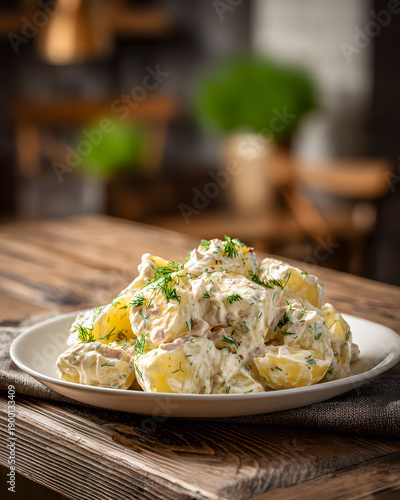 Delicious potato salad with fresh dill on a rustic wooden table