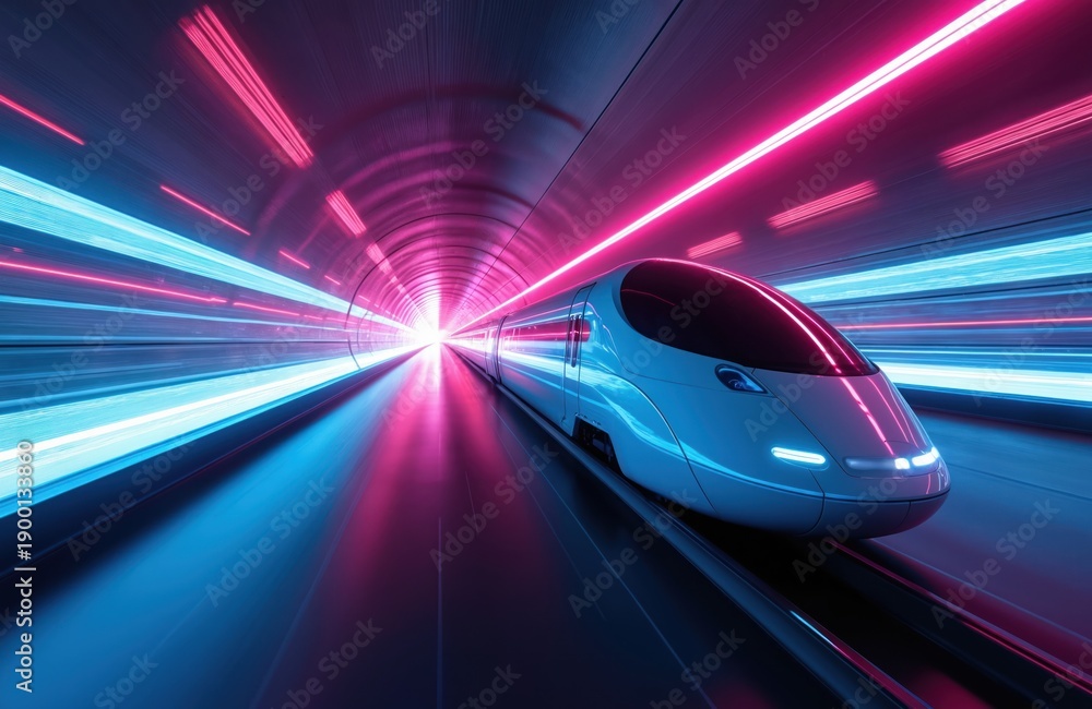 Fototapeta premium Future train speeds through illuminated tunnel with neon lights. Futuristic transport concept. High-speed rail system. Advanced technology in motion.