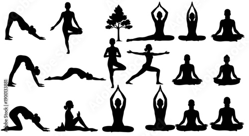Silhouette illustrations of people practicing various yoga poses and meditation, showcasing flexibility and mindfulness for a healthy lifestyle and spiritual well-being