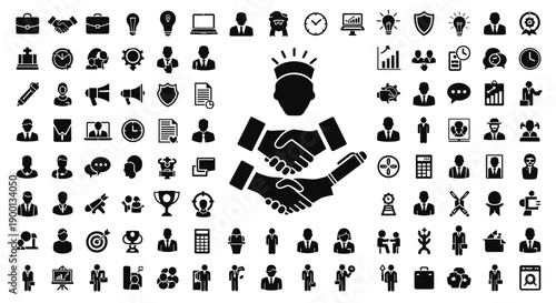 Comprehensive business and success icon collection showcasing partnership, leadership, and diverse corporate management elements for modern digital design