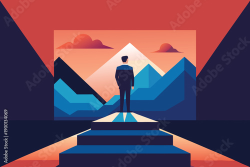 Businessman climbing stairs toward success above the clouds concept illustration