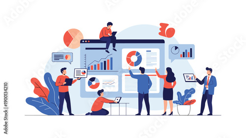 Diverse group of business professionals collaborate by analyzing data charts and financial graphs on a large interactive digital screen display.