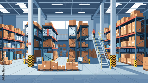 Interior view of a massive industrial warehouse distribution center with high metal shelves filled with cardboard boxes for logistics.