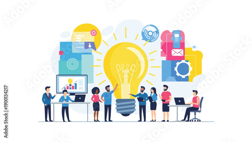 Creative team of multiracial professionals brainstorming around a giant glowing light bulb symbol to generate innovative business ideas.