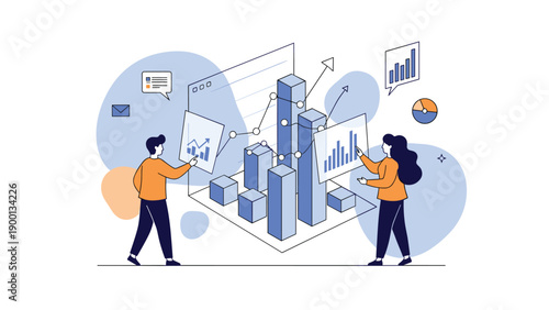 Professional analysts studying 3D financial charts and bar graphs on a digital interactive screen for business data visualization.