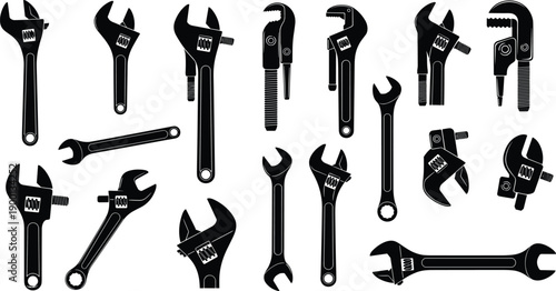 Adjustable wrench and spanner silhouette icon set featuring mechanical hand tools isolated on white background for repair construction and industrial maintenance design concepts