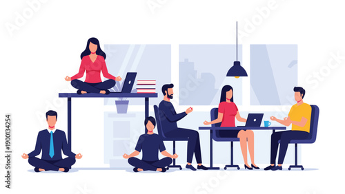 Diverse office workers practicing yoga and meditation at their desks to manage stress and improve mental health during the work day.