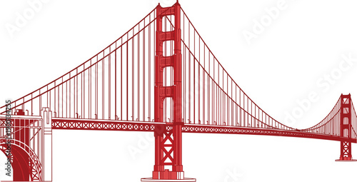 Golden Gate Bridge illustration in red silhouette style isolated on white background showcasing famous San Francisco landmark architecture for travel tourism and city design concepts