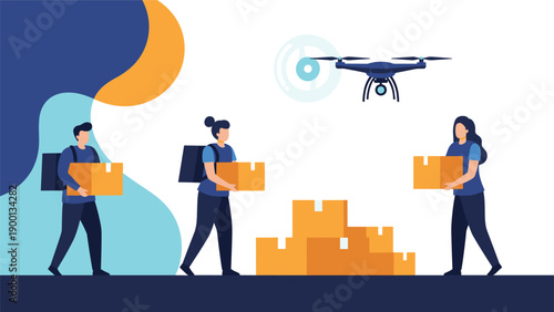 Delivery team carries packages in a warehouse while a drone flies above representing modern logistics and shipping solutions.