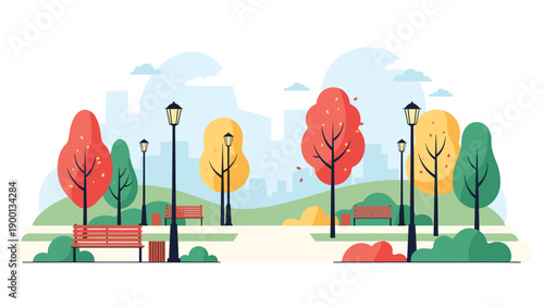 Scenic view of a peaceful public park during the autumn season featuring colorful trees, wooden benches, and classic street lamp posts.