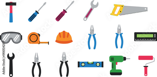 Hand tools and construction equipment icon set including hammer screwdriver wrench drill safety gear isolated on white background for repair and maintenance concepts