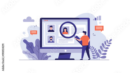 Recruiter uses a magnifying glass to search for potential candidates on a digital interface representing human resources and hiring.