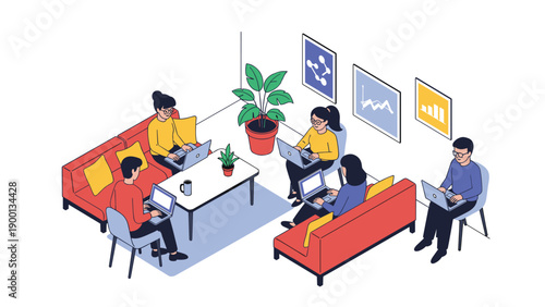 Group of young professionals work on their laptops in a modern coworking space with comfortable seating and creative decor.