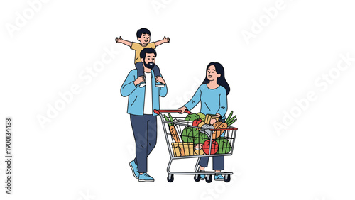 Happy family with a young child on fathers shoulders shops for healthy fresh vegetables with a full grocery cart.