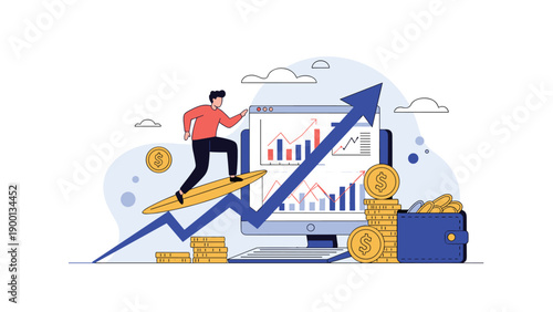 Confident businessman surfs on a rising blue arrow towards financial success and investment growth on a digital screen.
