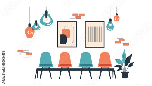 Stylish and empty waiting area featuring colorful modern chairs, abstract paintings, and decorative light fixtures.